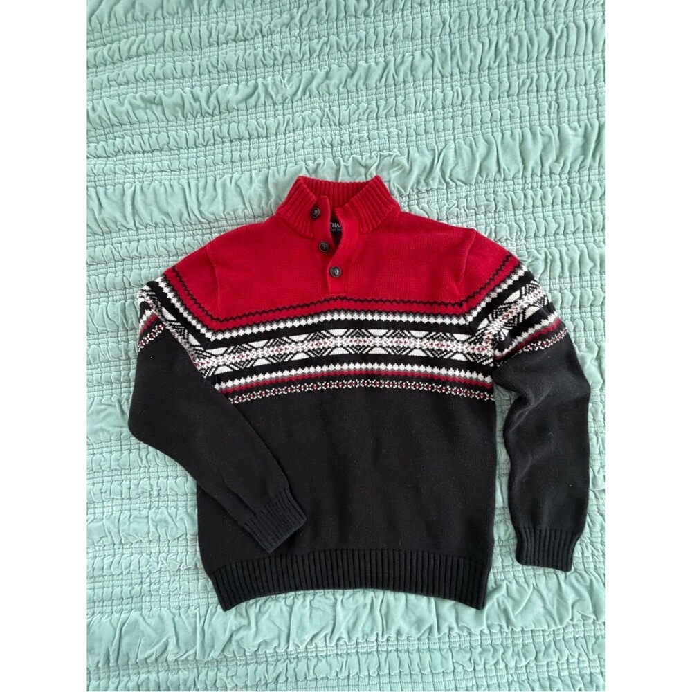 Chaps Red and Black Fair Isle Zip-Neck Sweater-Med